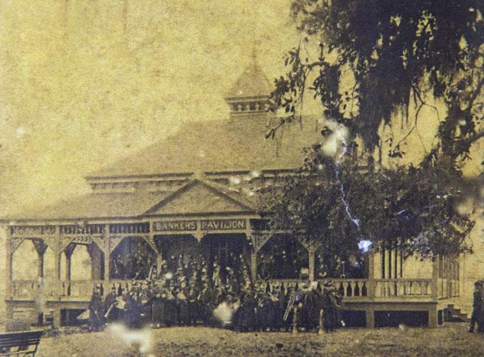 Sepia photograph of the 1884 New Orleans World's Industrial and Cotton Centennial Exposition grounds, where the Banker's Pavilion was first built.