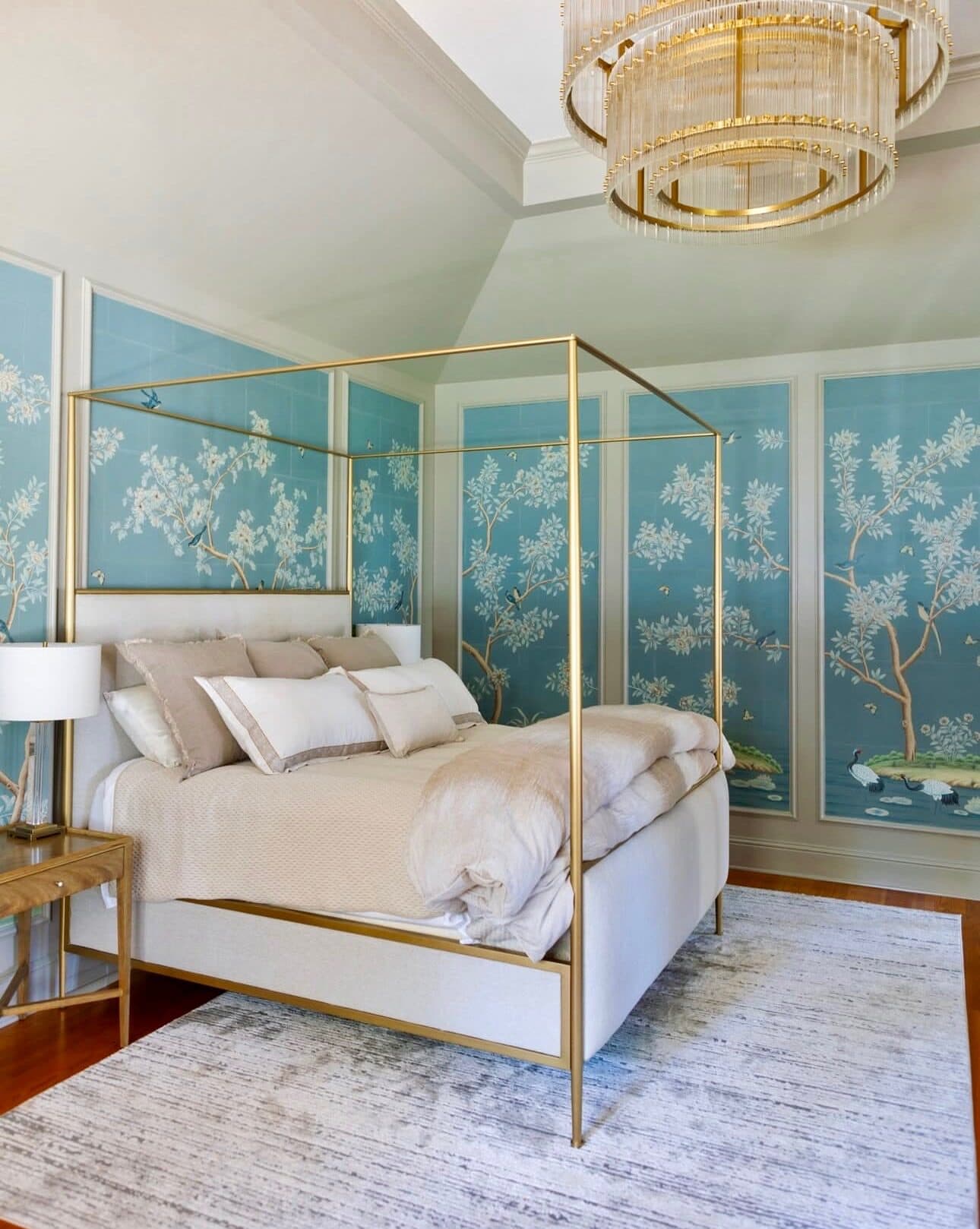 Aqua chinoiserie wallpaper installed by Lauren Buckholtz in a master bedroom