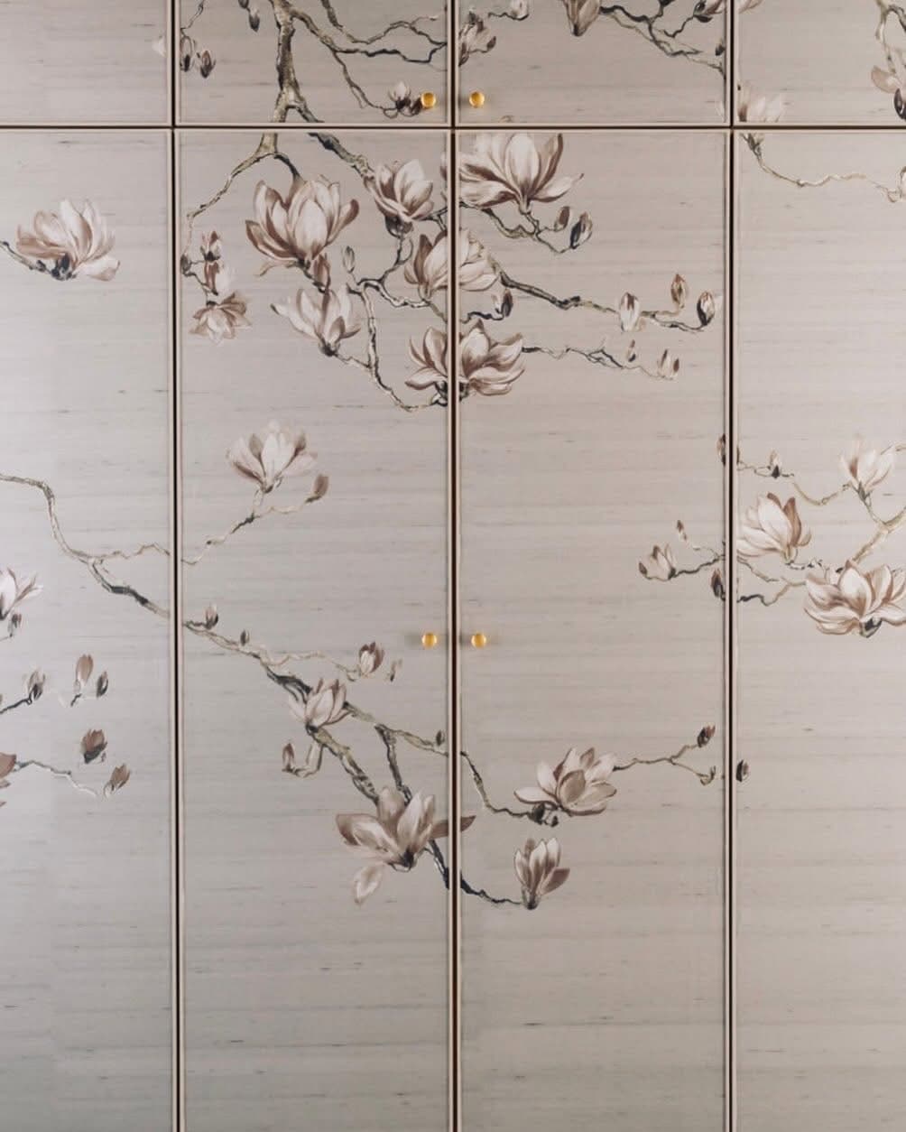 Magnolia wallpaper applied to wardrobe doors by Perla Paperhanging